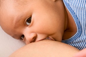baby latched on to the breast